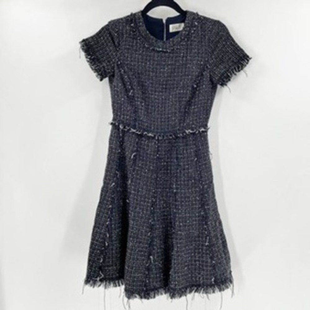 Eliza J Tweed Dress Fringe Trim Sleeveless Fit & Flare Party Cocktail Size 2‎